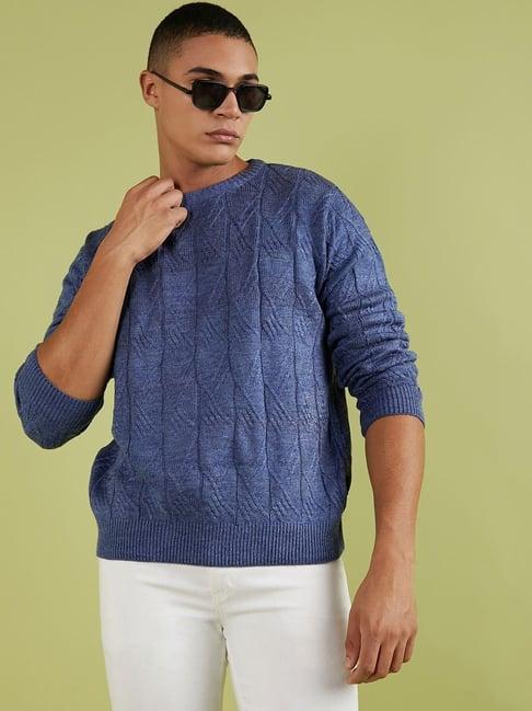 campus sutra blue cotton regular fit self pattern sweater