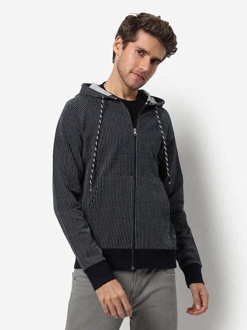 campus sutra blue cotton regular fit striped hooded sweatshirt