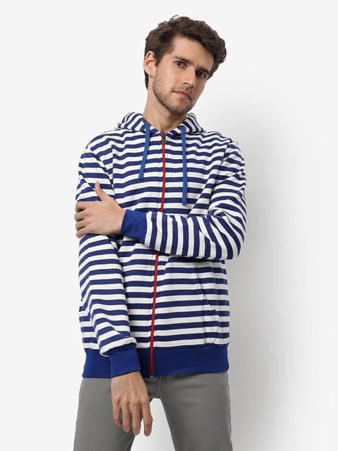 campus sutra blue cotton regular fit striped hooded sweatshirt