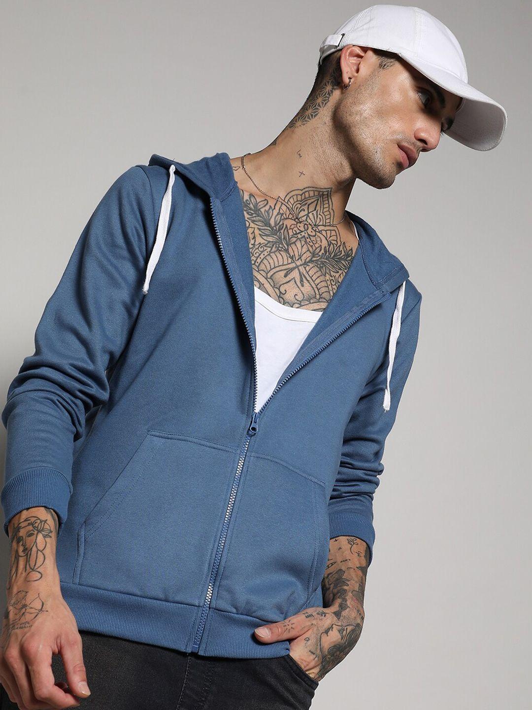 campus sutra blue long sleeves cotton hooded front open sweatshirt