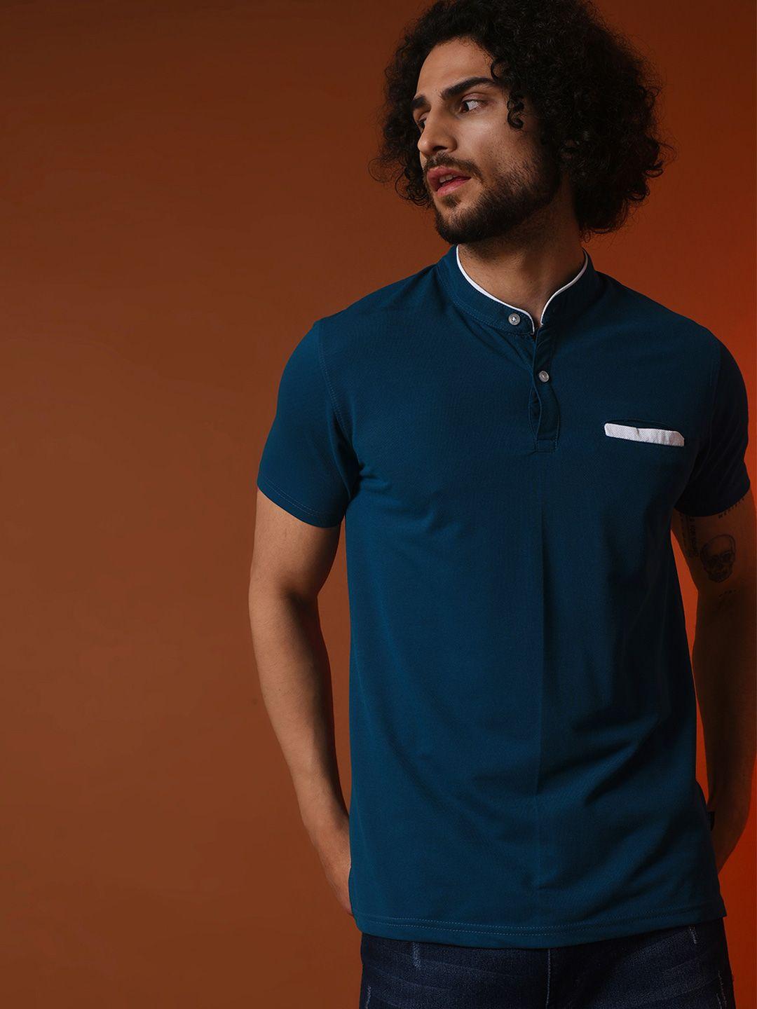 campus sutra blue mandarin collar cotton t-shirt