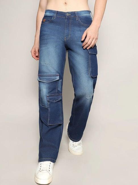 campus sutra blue regular fit distressed cargo jeans