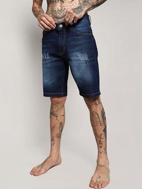 campus sutra blue regular fit distressed denim shorts