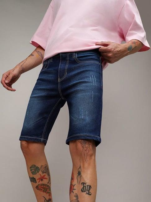 campus sutra blue regular fit distressed denim shorts