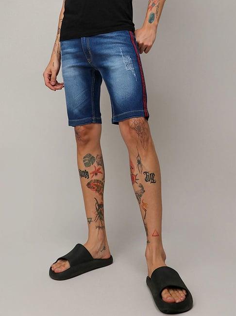 campus sutra blue regular fit distressed denim shorts