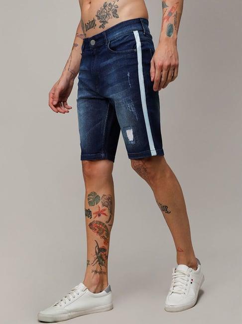 campus sutra blue regular fit distressed denim shorts