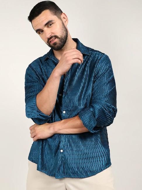 campus sutra blue regular fit texture shirt