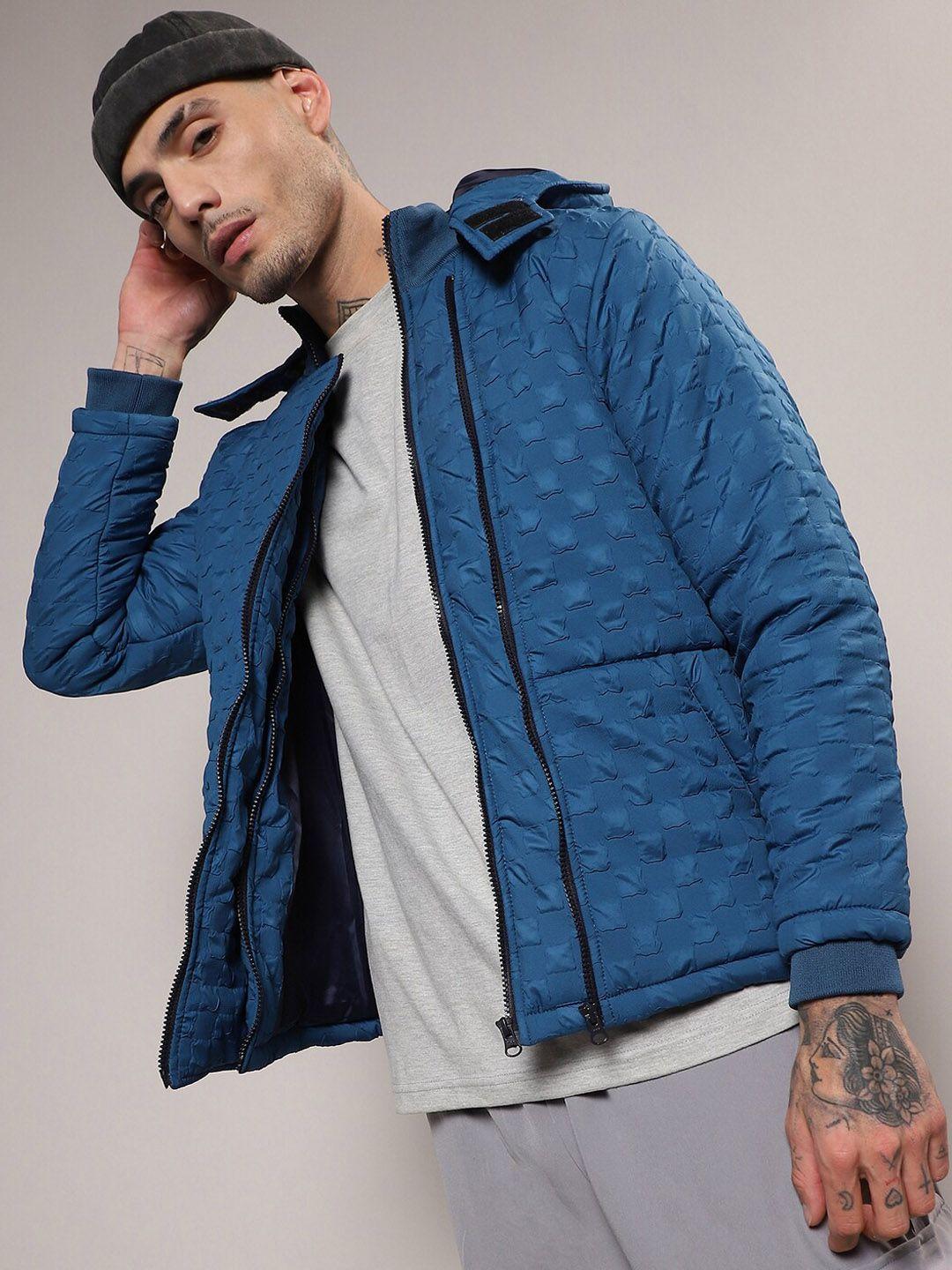 campus sutra blue self design windcheater puffer jacket