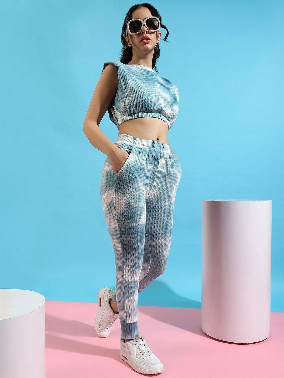 campus sutra blue tie & dye pure cotton crop-top & joggers