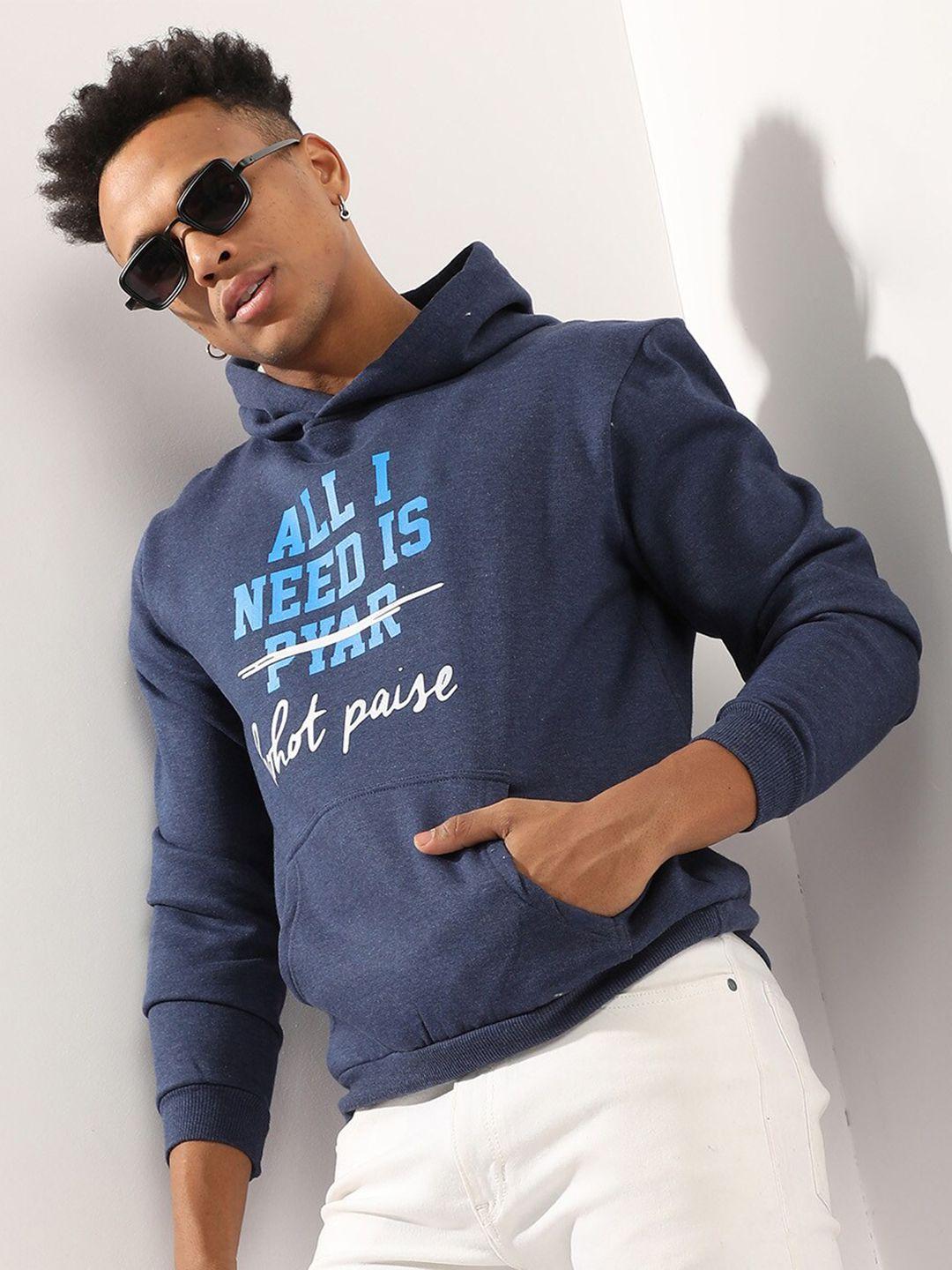 campus sutra blue typography printed hooded cotton sweatshirt