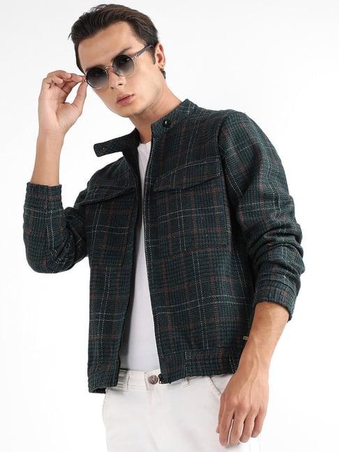 campus sutra bottle green cotton regular fit checks jacket