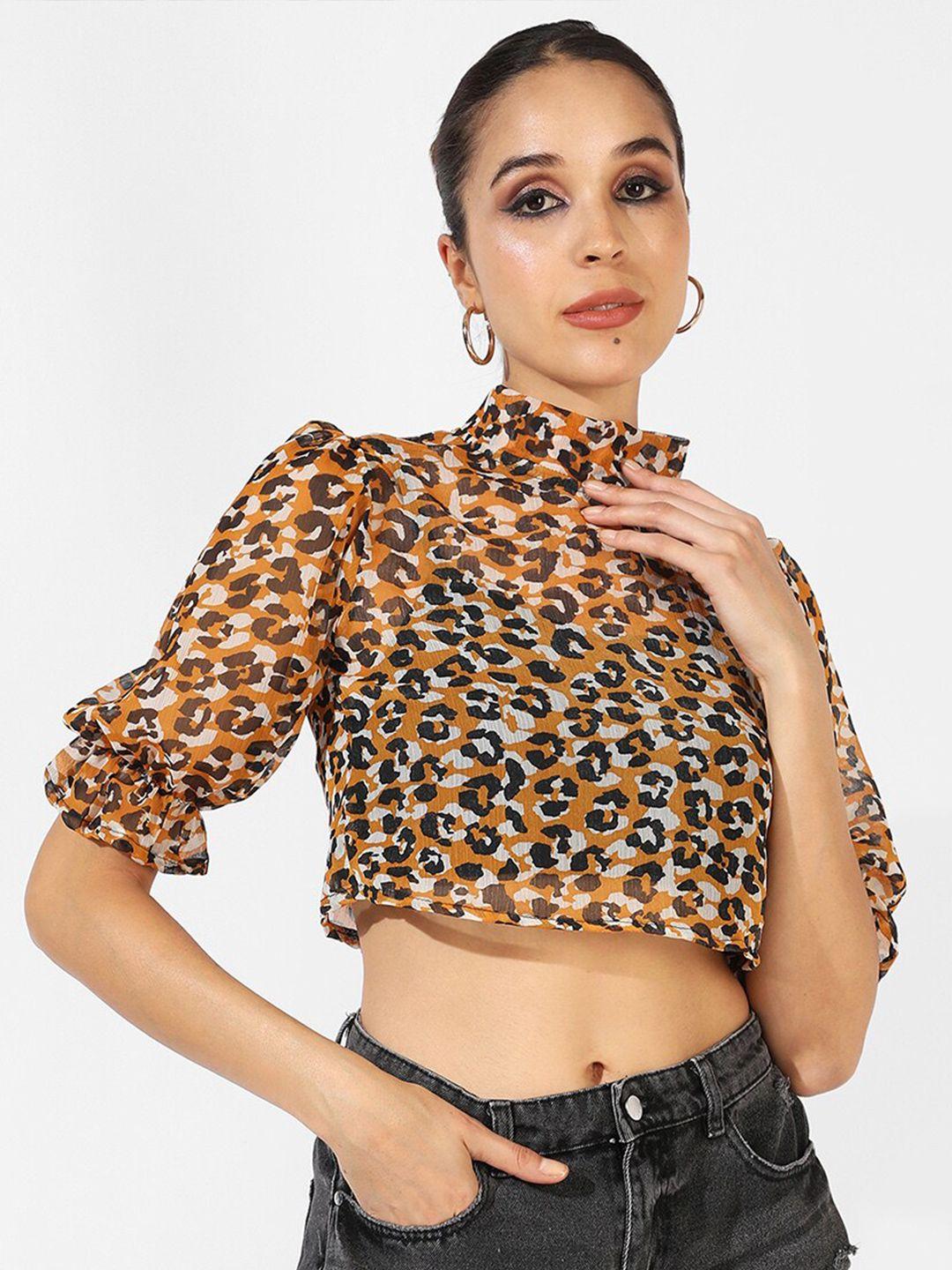 campus sutra brown & black animal or skin printed puff sleeve crop top