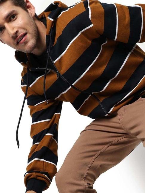 campus sutra brown & black cotton regular fit striped hooded sweatshirt