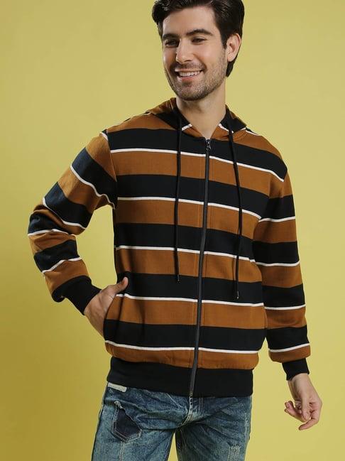 campus sutra brown & black striped hoodie