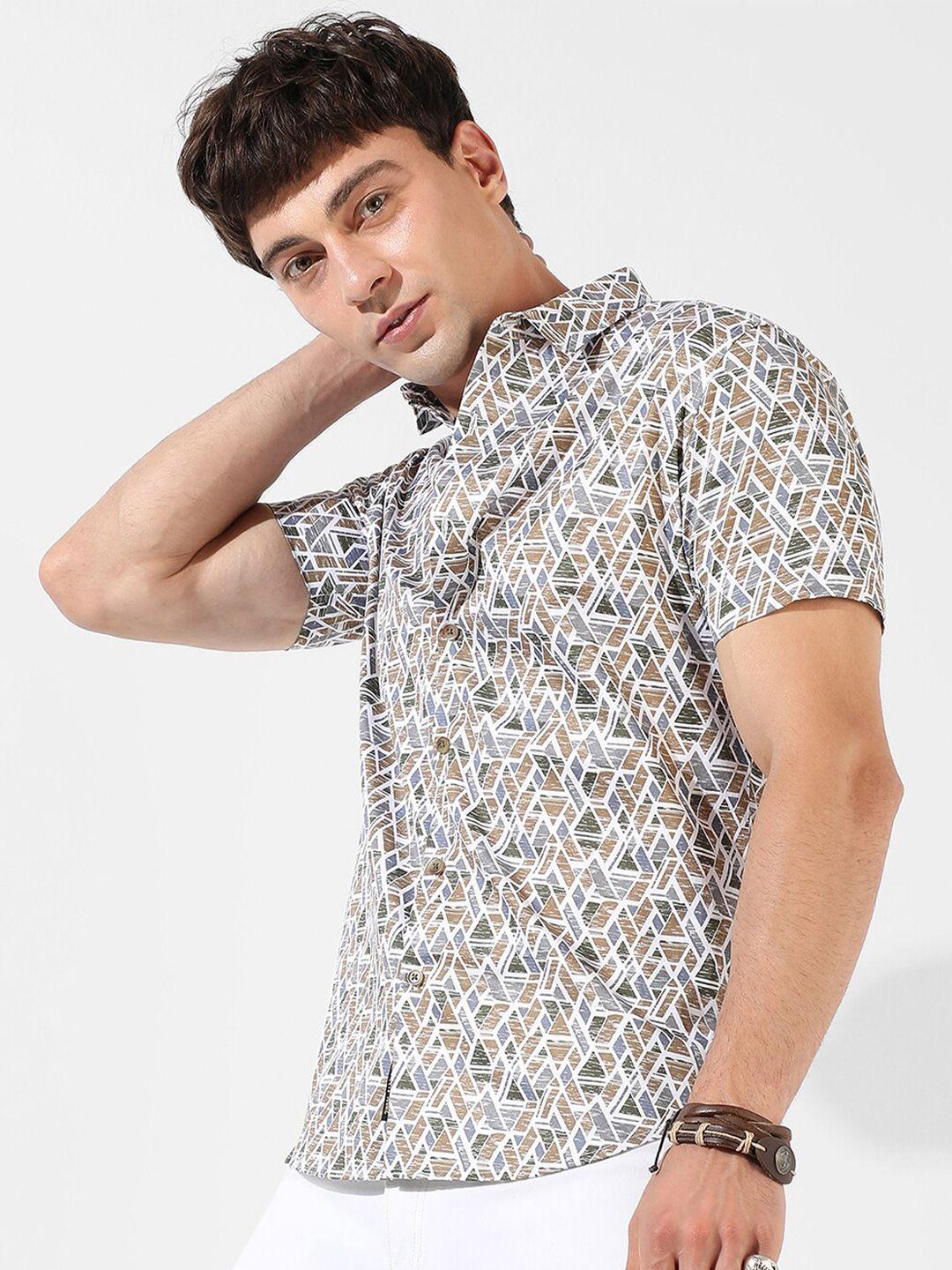 campus sutra brown & grey geometric printed classic fit cotton casual shirt