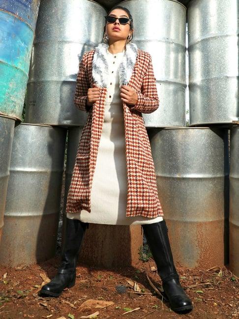 campus sutra brown chequered long jacket