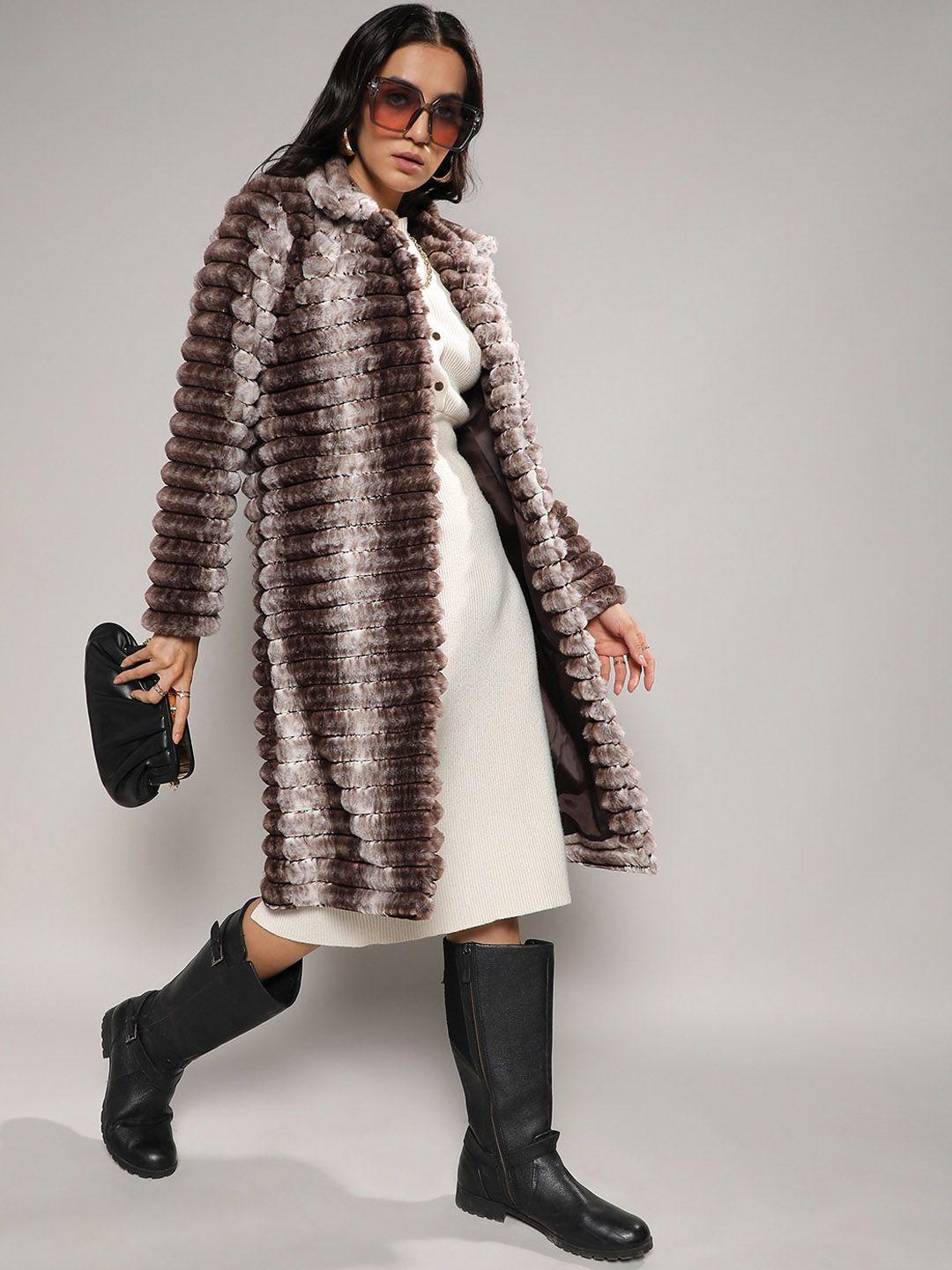 campus sutra brown self design spread collar longline overcoat