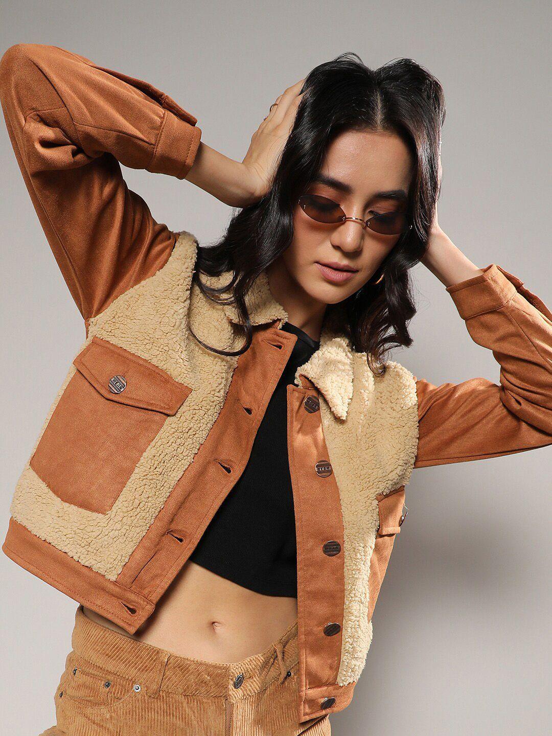 campus sutra brown windcheater crop tailored jacket