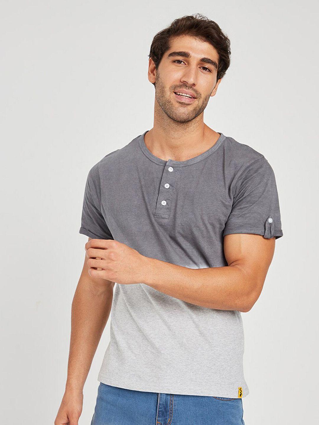 campus sutra charcoal & grey tie & dye henley neck cotton t-shirt