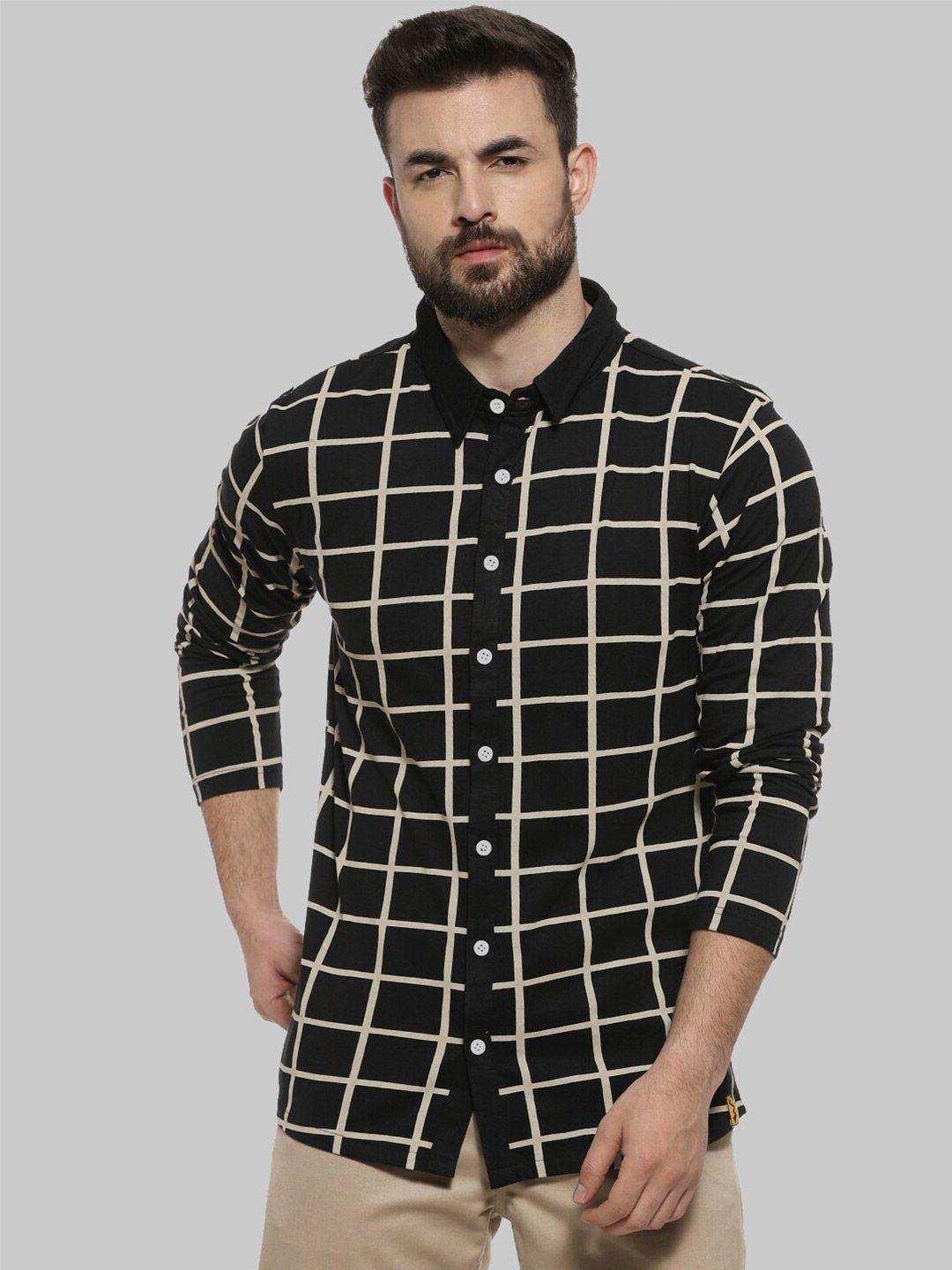 campus sutra classic black & beige windowpane checked cotton casual shirt