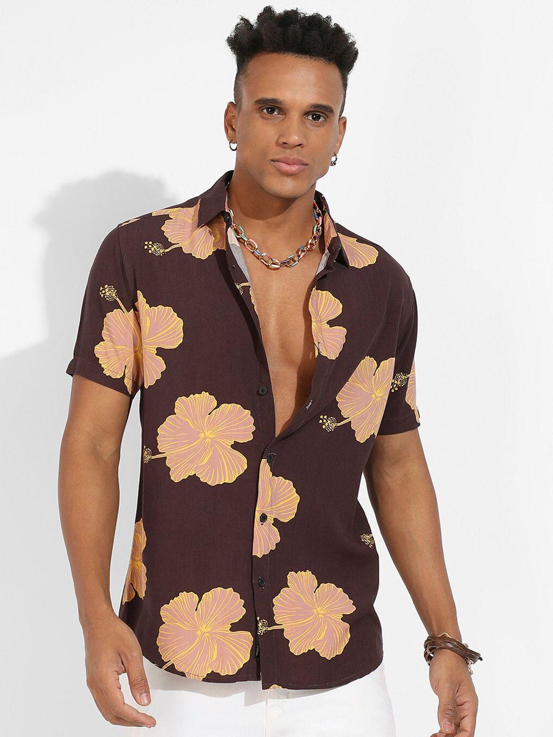 campus sutra classic fit hibiscus floral printed casual cotton shirt