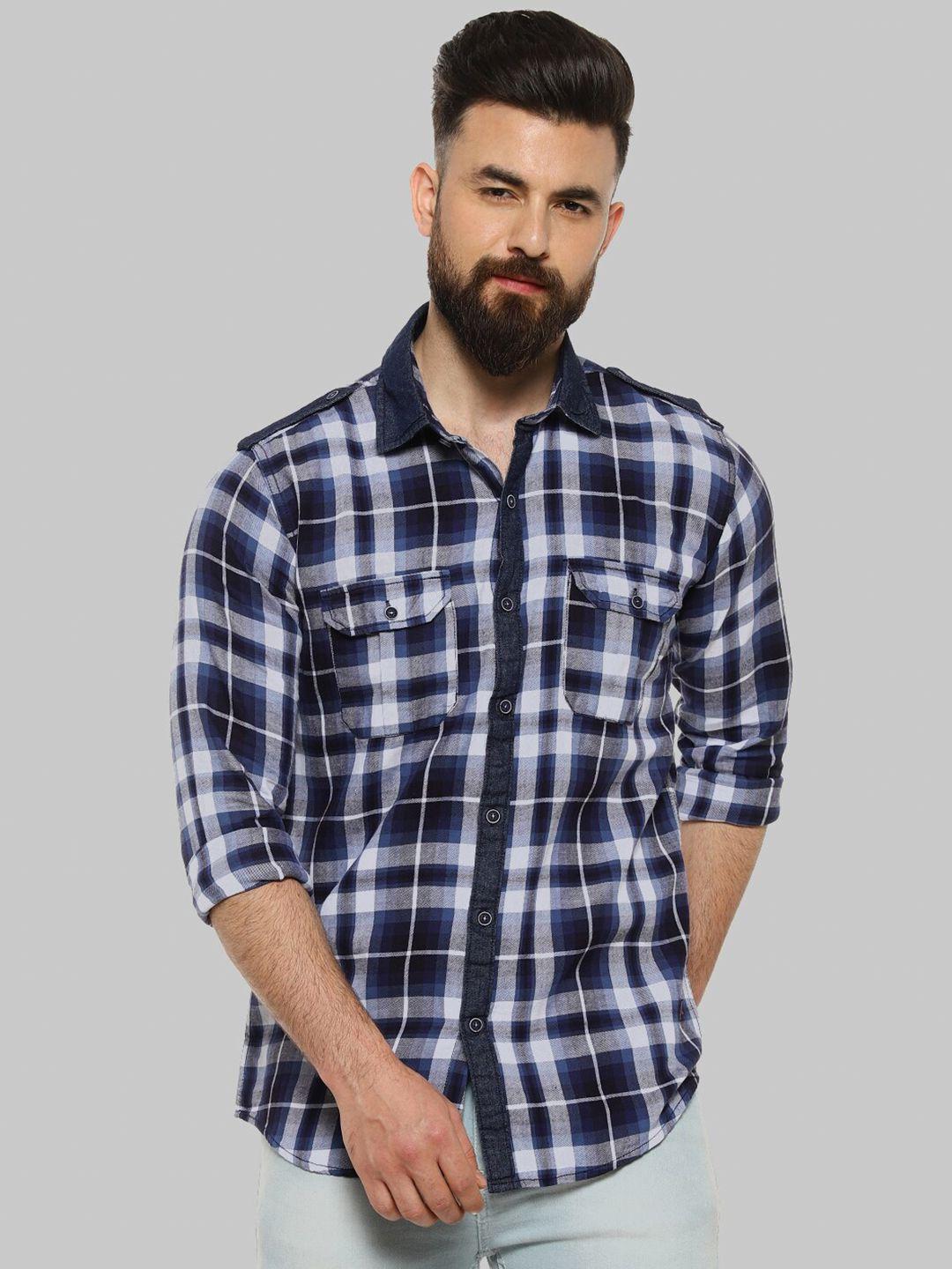 campus sutra classic navy blue & white tartan checked spread collar cotton casual shirt