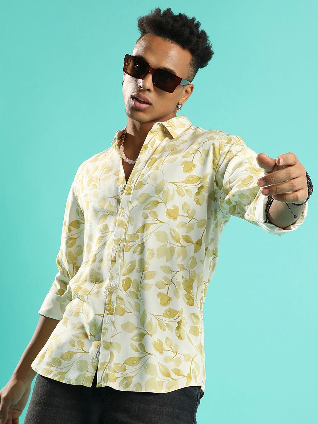 campus sutra classic yellow floral printed spread collar casual shirt