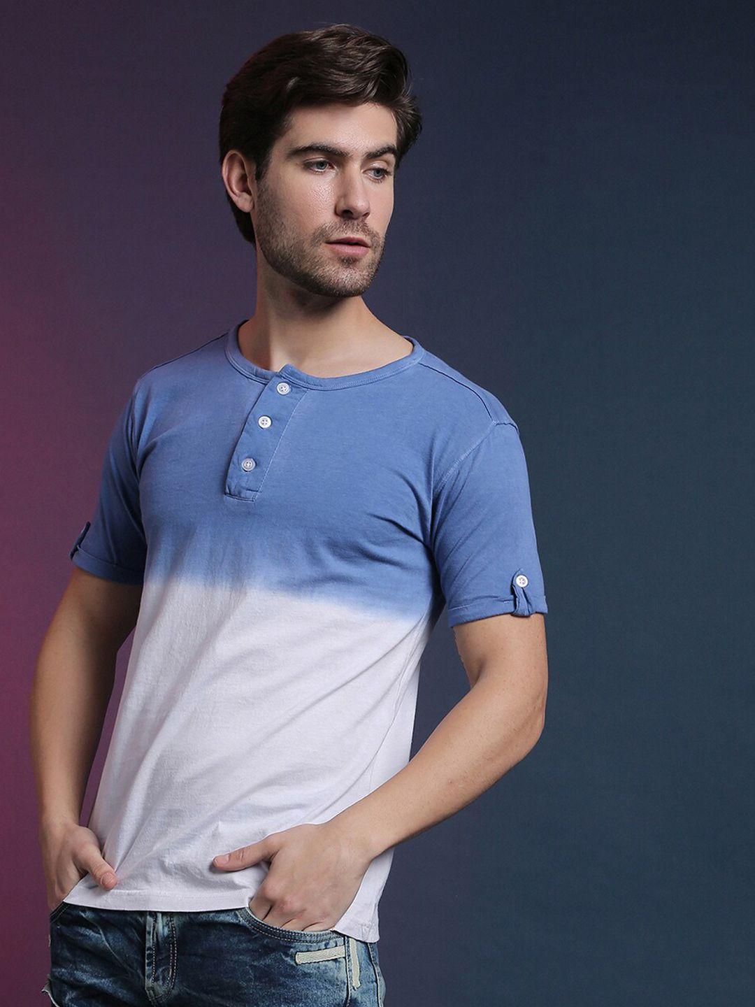 campus sutra colourblocked henley neck cotton t-shirt