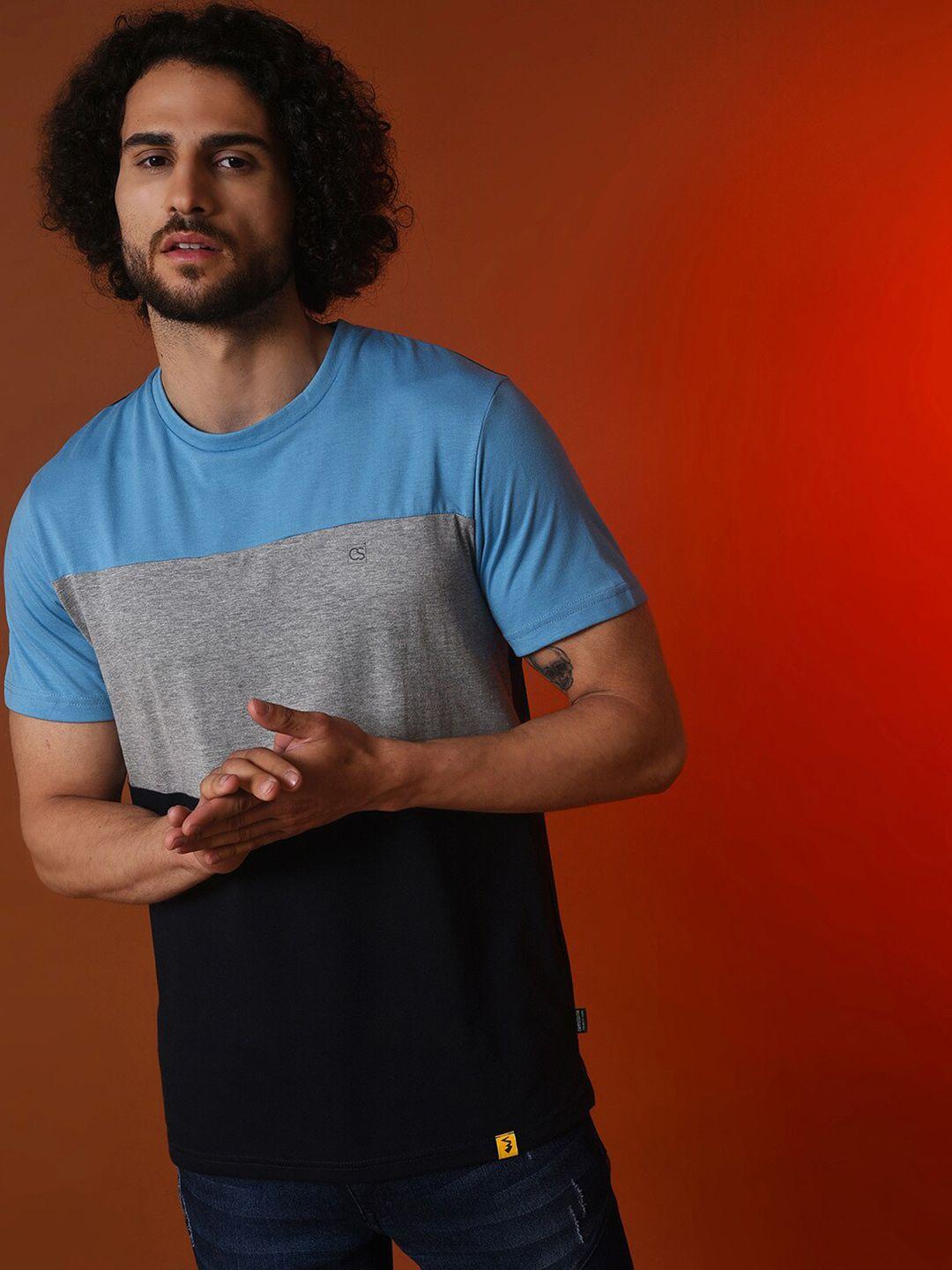 campus sutra colourblocked round neck cotton t-shirt