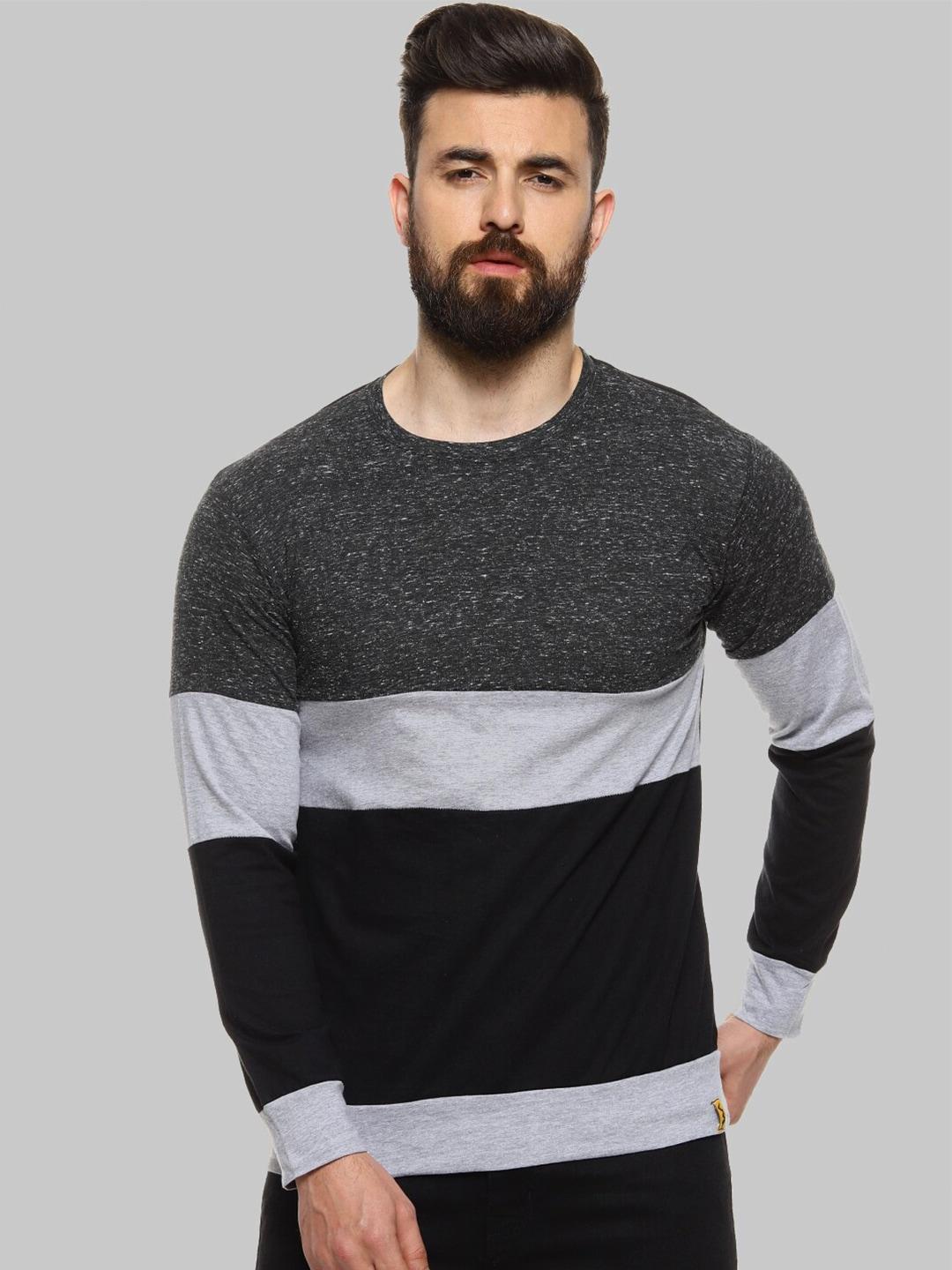 campus sutra colourblocked round neck long sleeves casual t-shirt