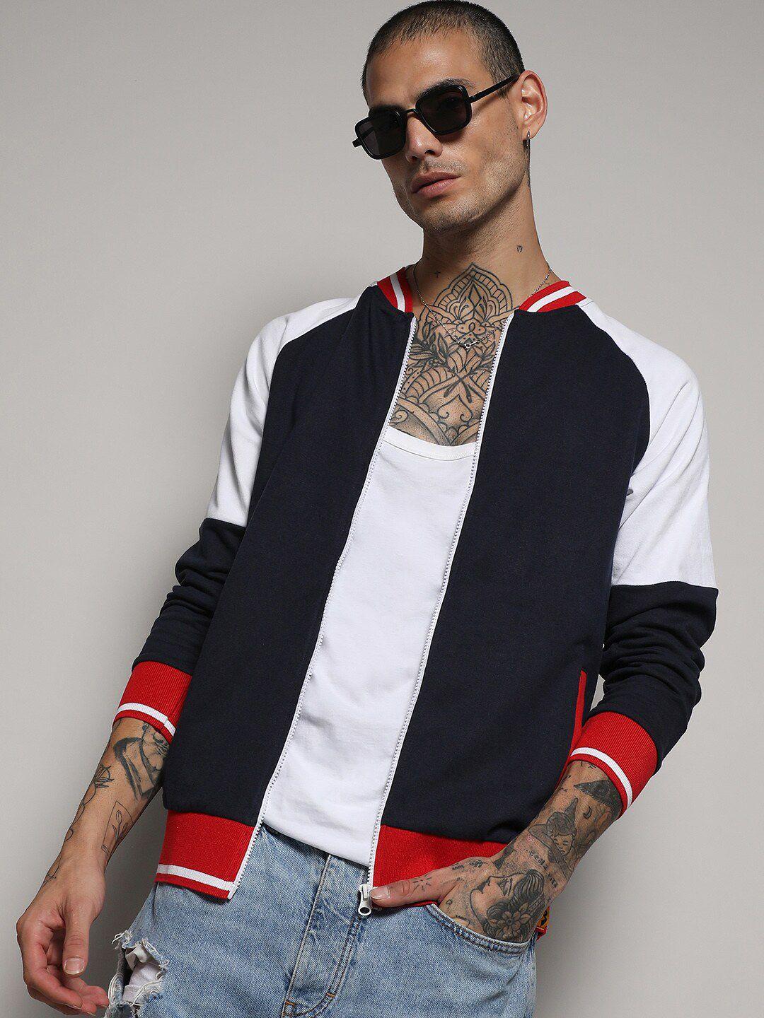 campus sutra colourblocked stand collar windcheater cotton varsity jacket