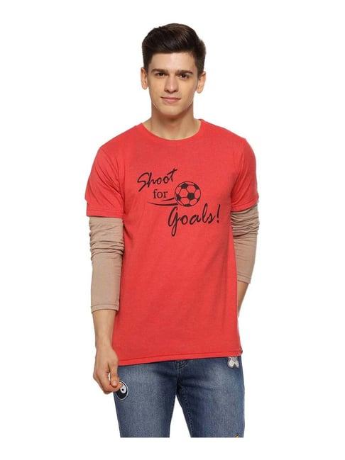 campus sutra coral & brown regular fit printed crew t-shirt