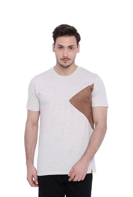 campus sutra cream & brown crew cotton t-shirt