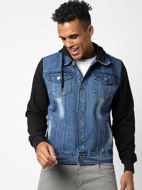 campus sutra dark blue & black regular fit colour block denim jacket