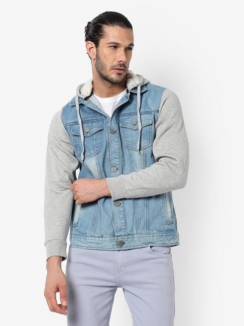 campus sutra denim & grey cotton regular fit colour block hooded jacket