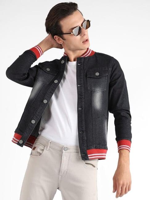 campus sutra denim black cotton regular fit denim jacket