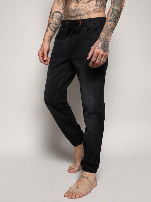 campus sutra denim black regular fit jogger jeans