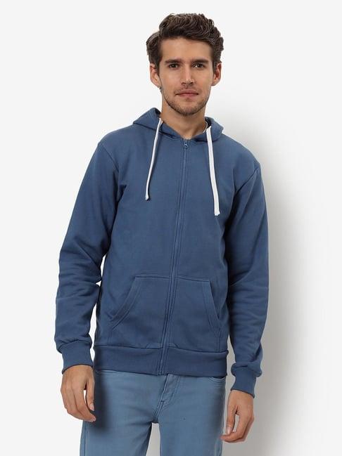 campus sutra electric blue cotton regular fit hooded sweatshirt