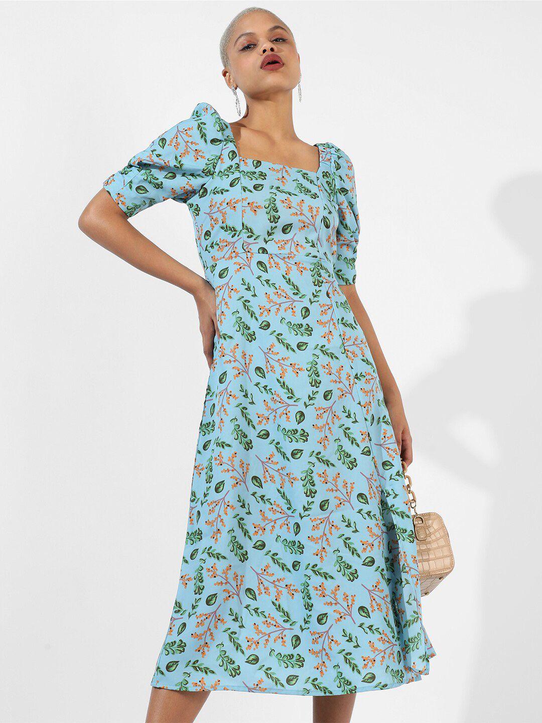 campus sutra floral print puff sleeve a-line midi dress