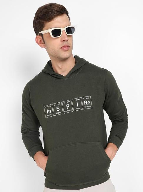 campus sutra forest green regular fit printed hooded sweatshirt