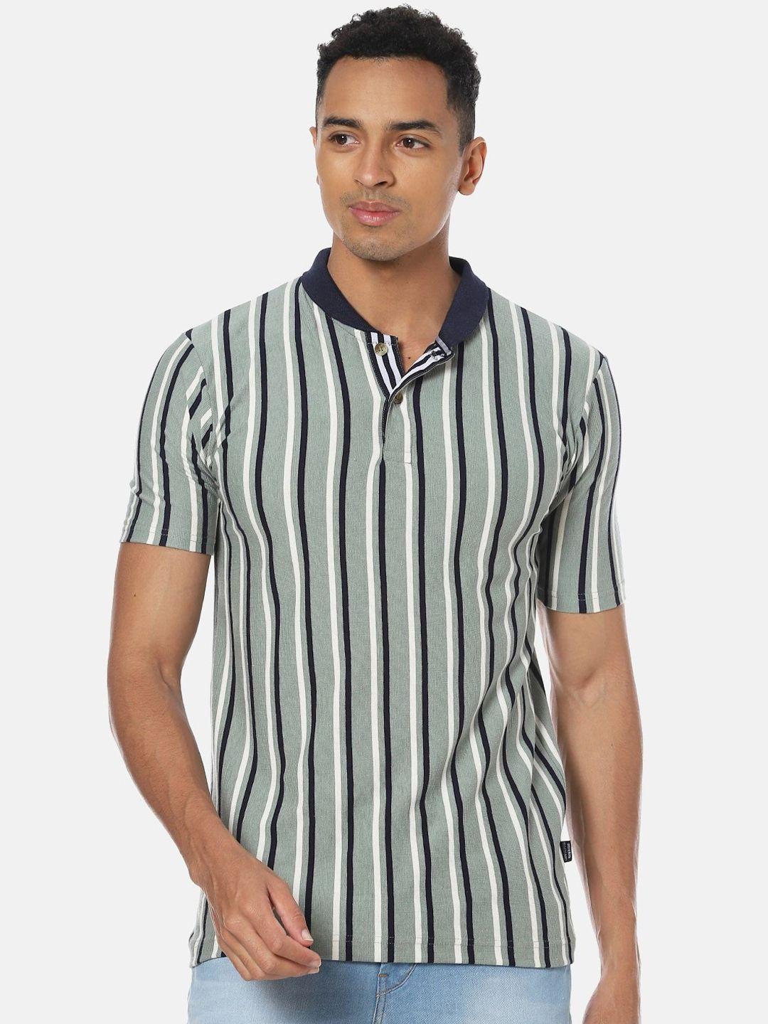 campus sutra green & navy blue striped polo collar cotton t-shirt