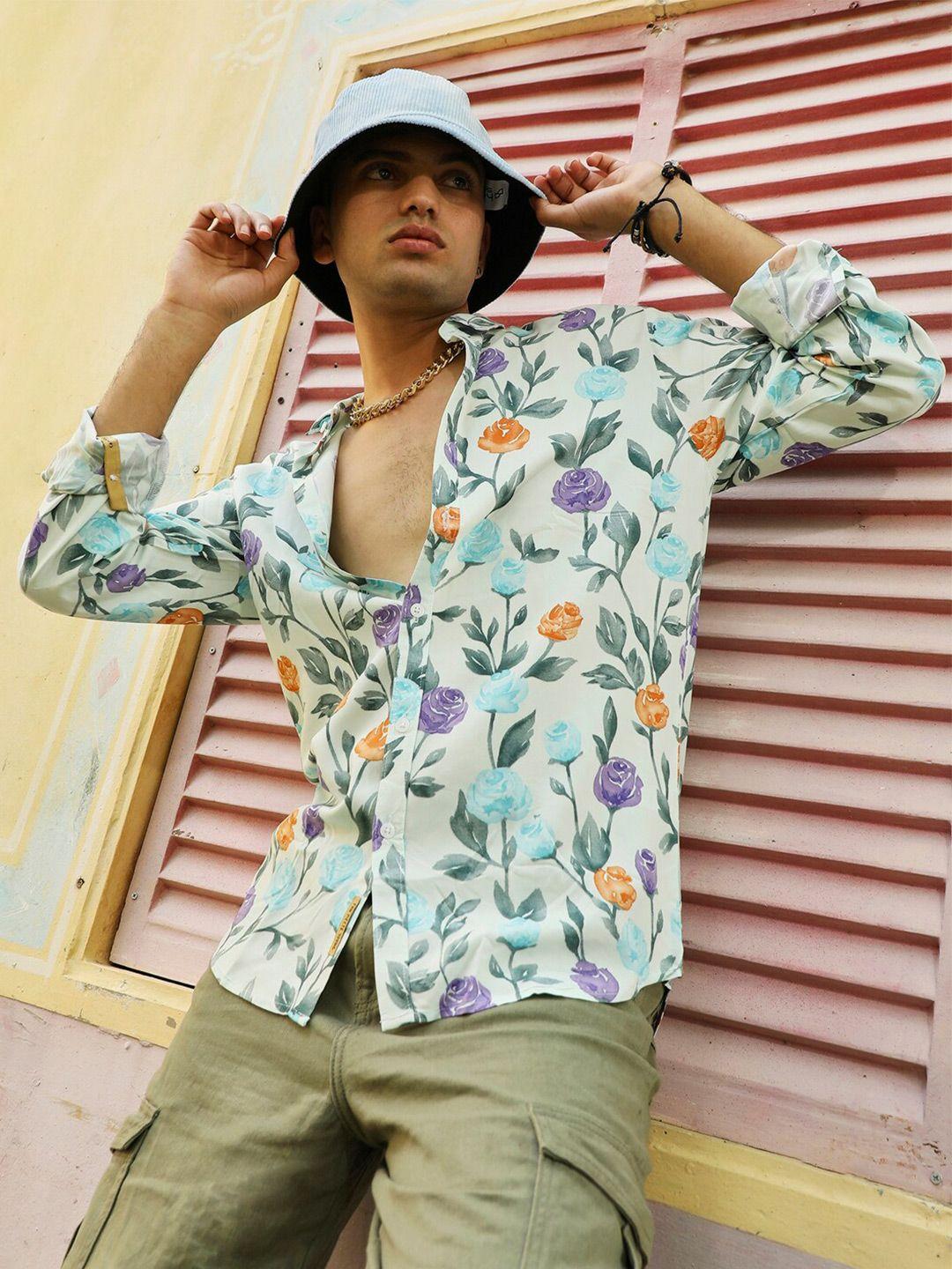 campus sutra green classic floral printed spread collar casual shirt