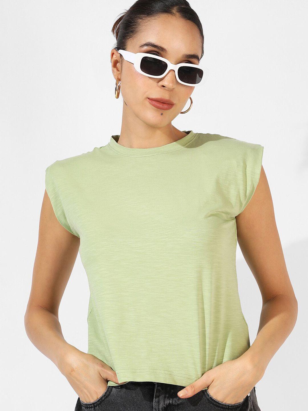 campus sutra green round neck sleeveless cotton top