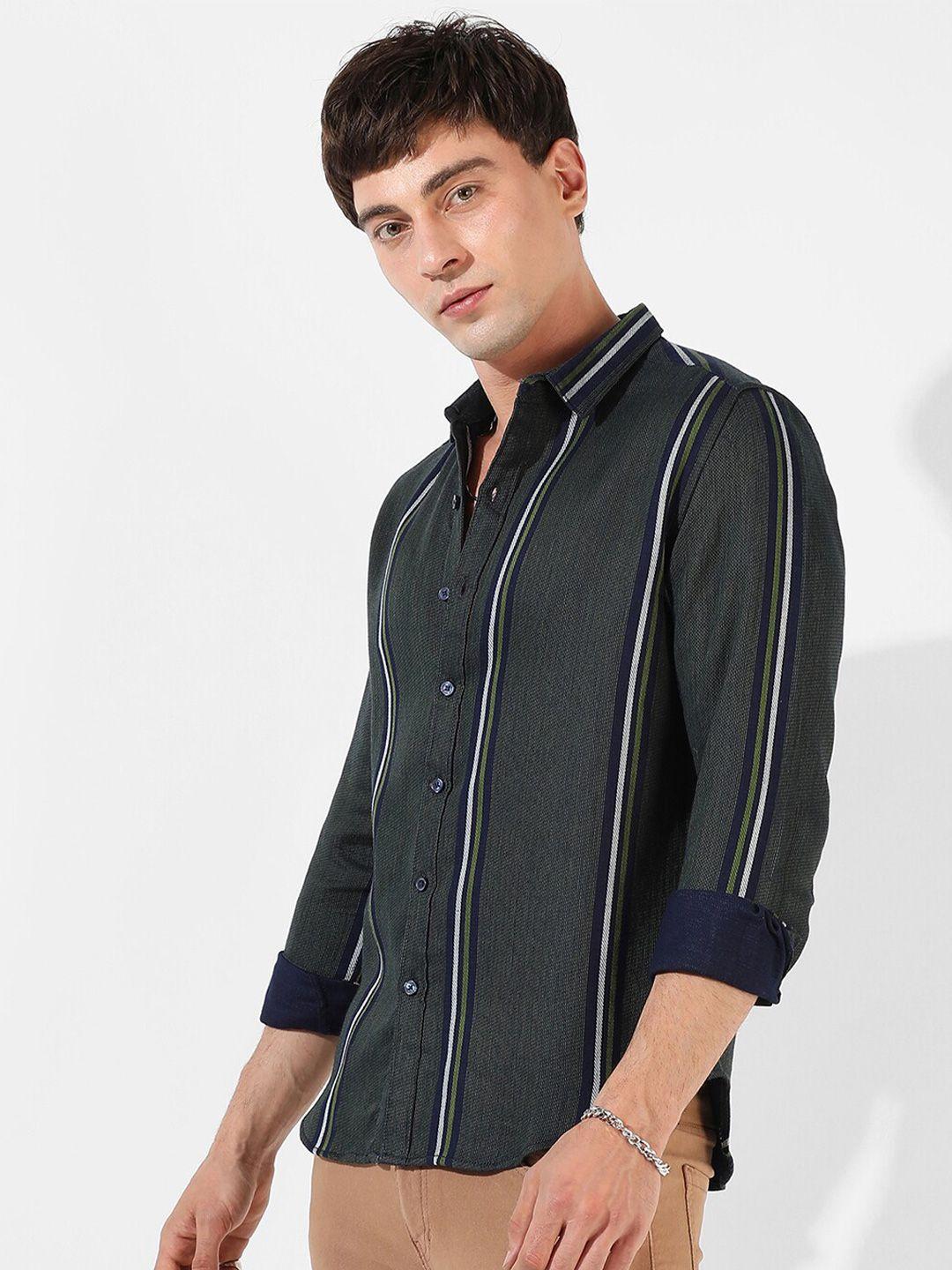 campus sutra green striped classic fit cotton casual shirt