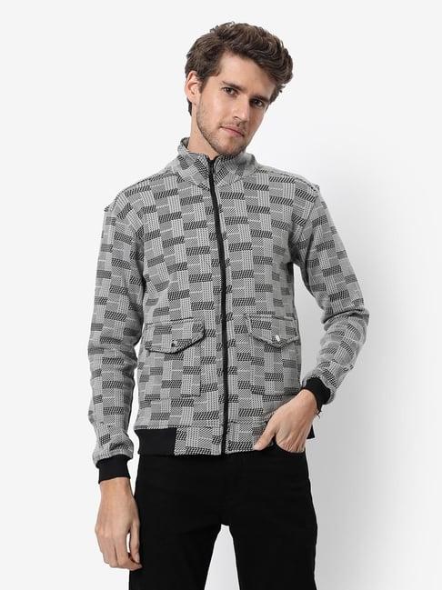 campus sutra grey & black cotton regular fit checks jacket