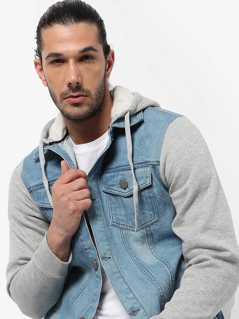 campus sutra grey & blue cotton regular fit colour block denim jacket