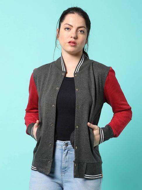 campus sutra grey & maroon cotton textured jacket