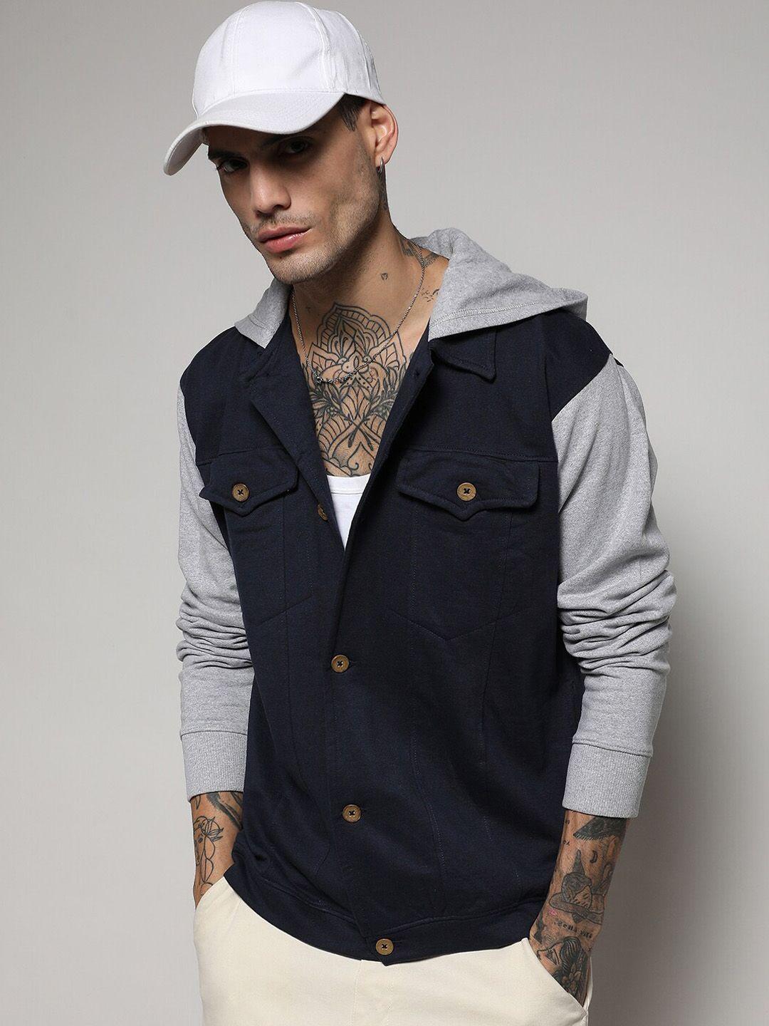 campus sutra grey & navy blue windcheater regular denim jacket