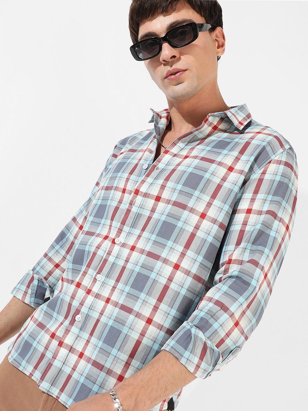campus sutra grey & red checked classic fit cotton casual shirt