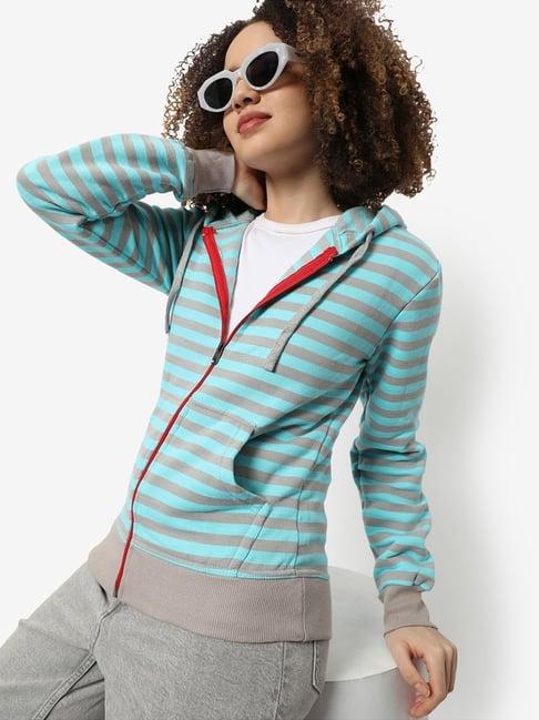 campus sutra grey & sky blue cotton striped sweatshirt